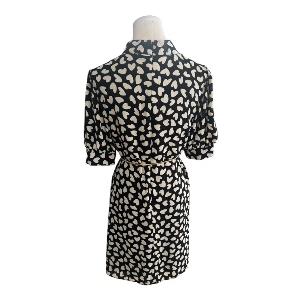 ANN TAYLOR Heart Mock Neck Shift Dress Black White Sz M Short Sleeve‎ Work Party